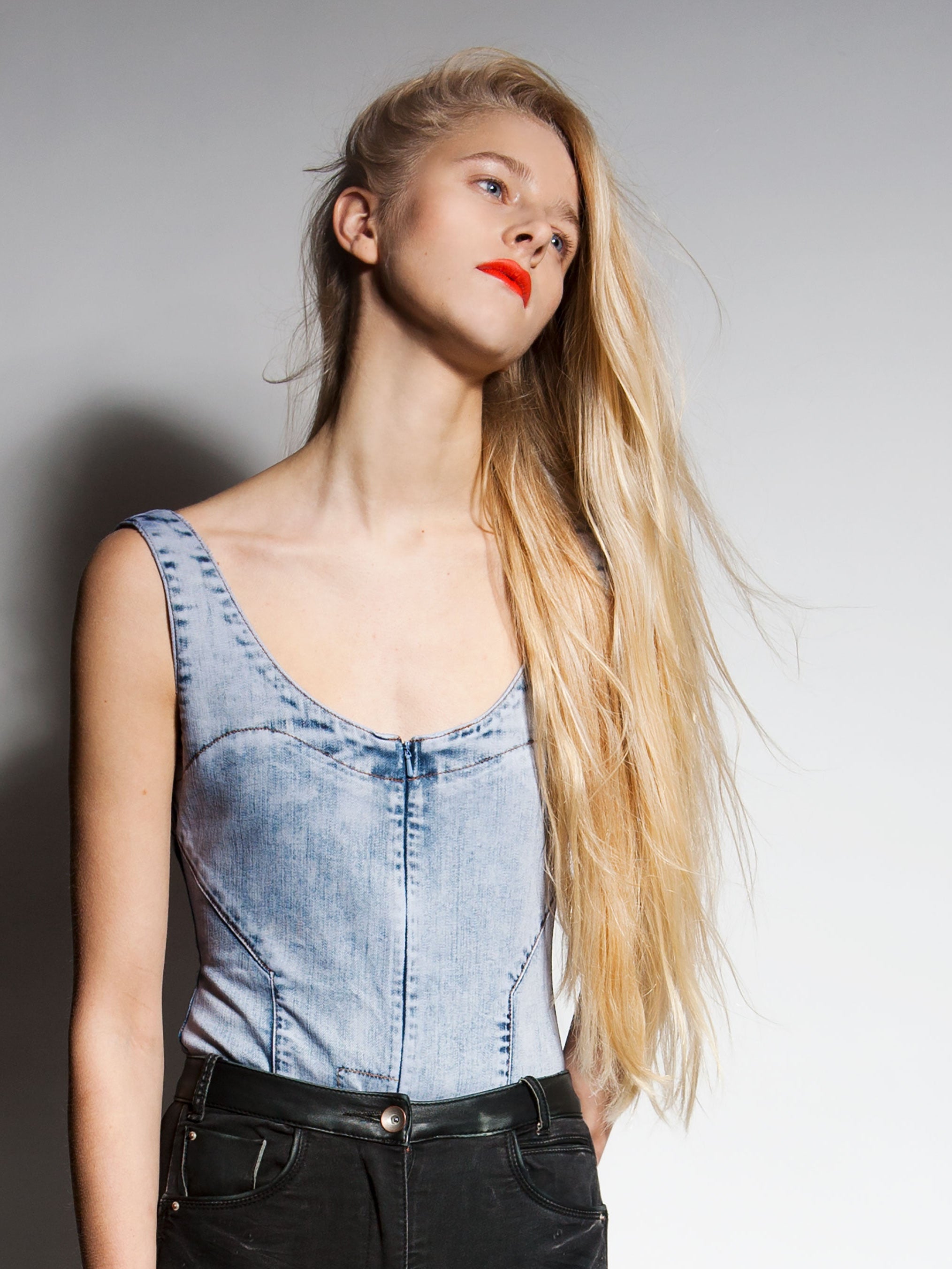 Denim washed zip through bodysuit