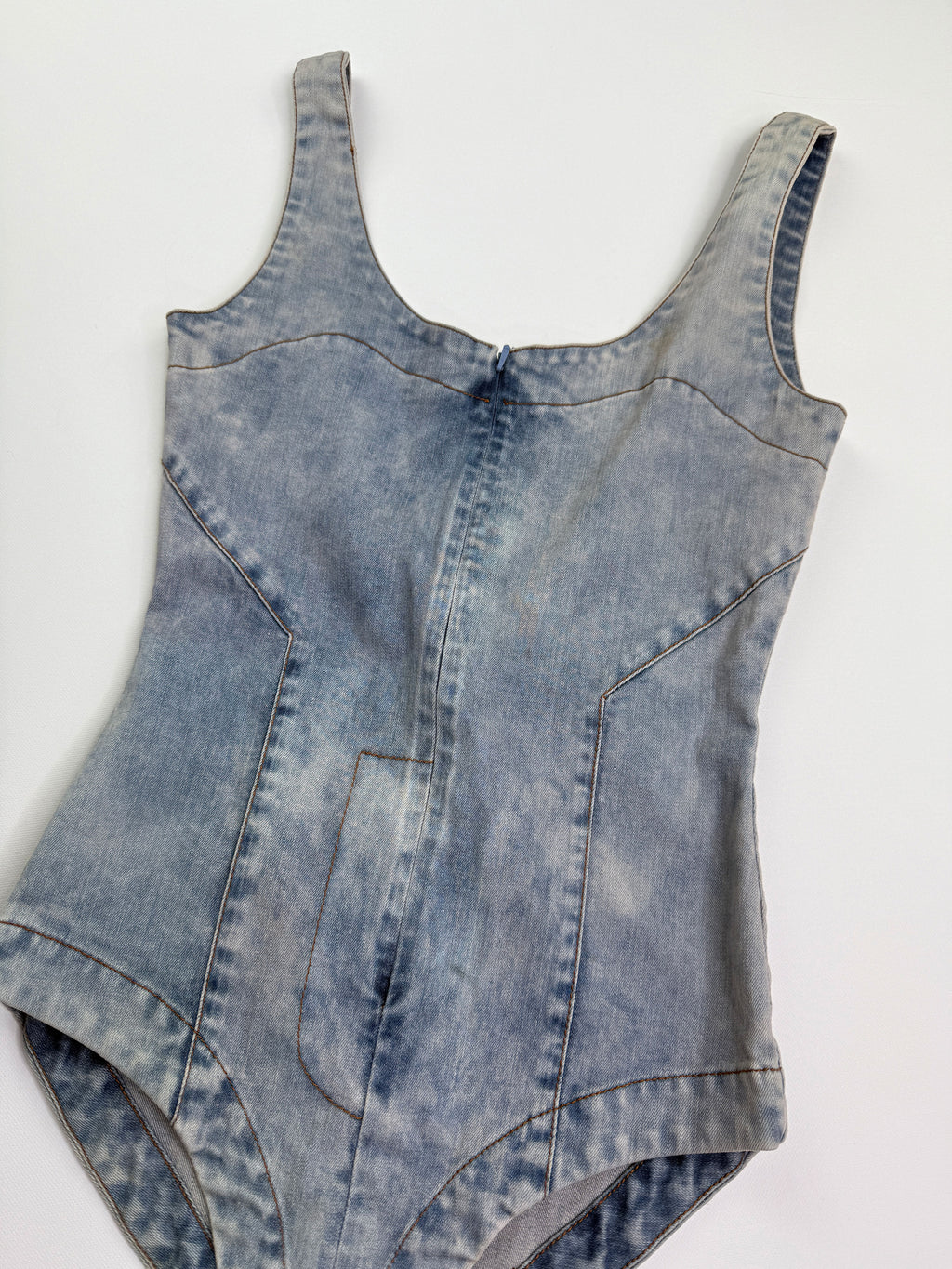 Denim washed zip through bodysuit