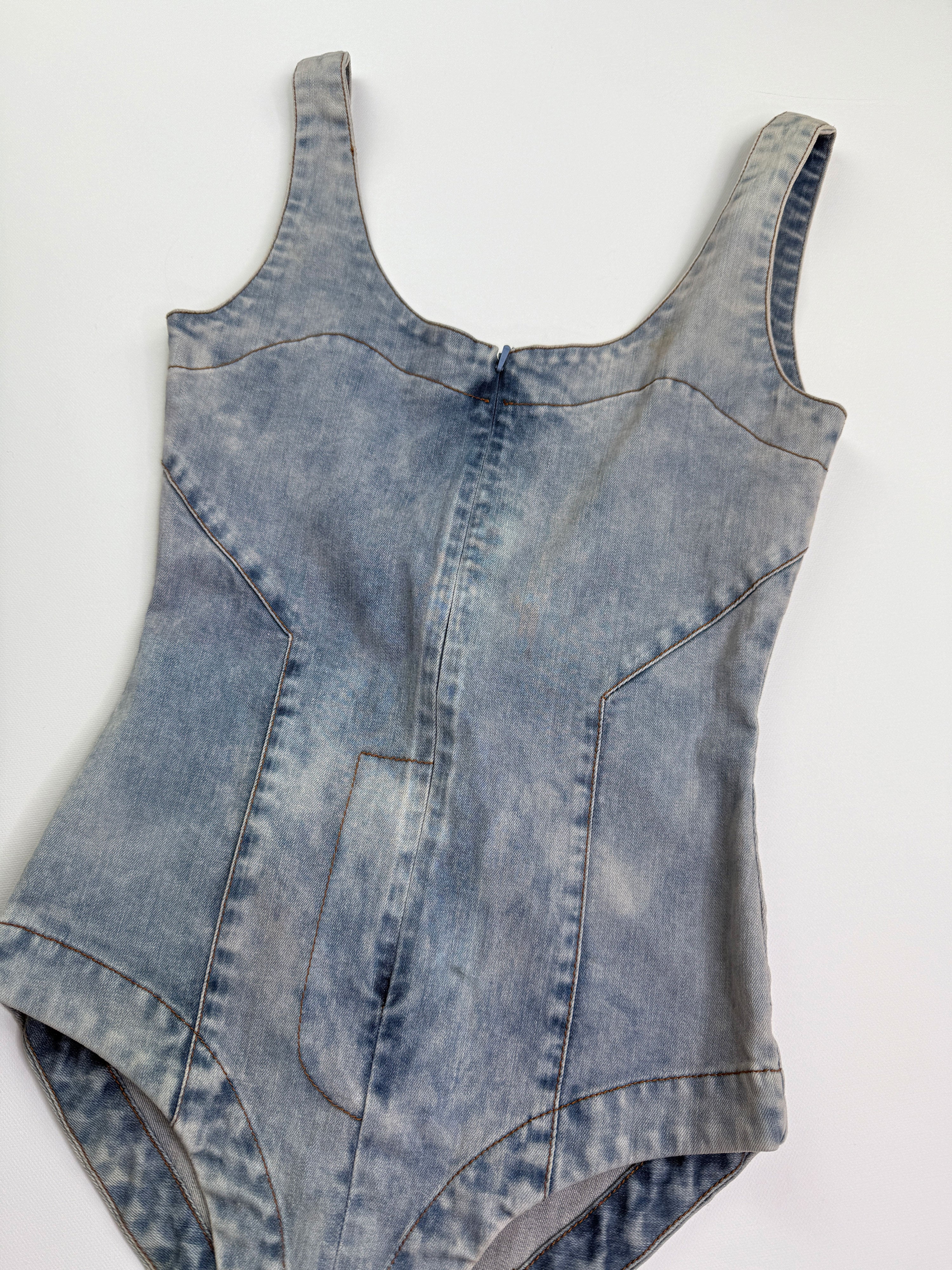 Denim washed zip through bodysuit