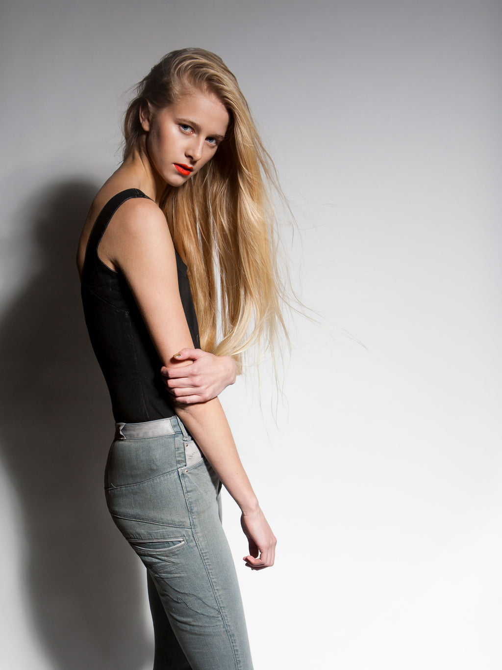 Denim washed zip through bodysuit