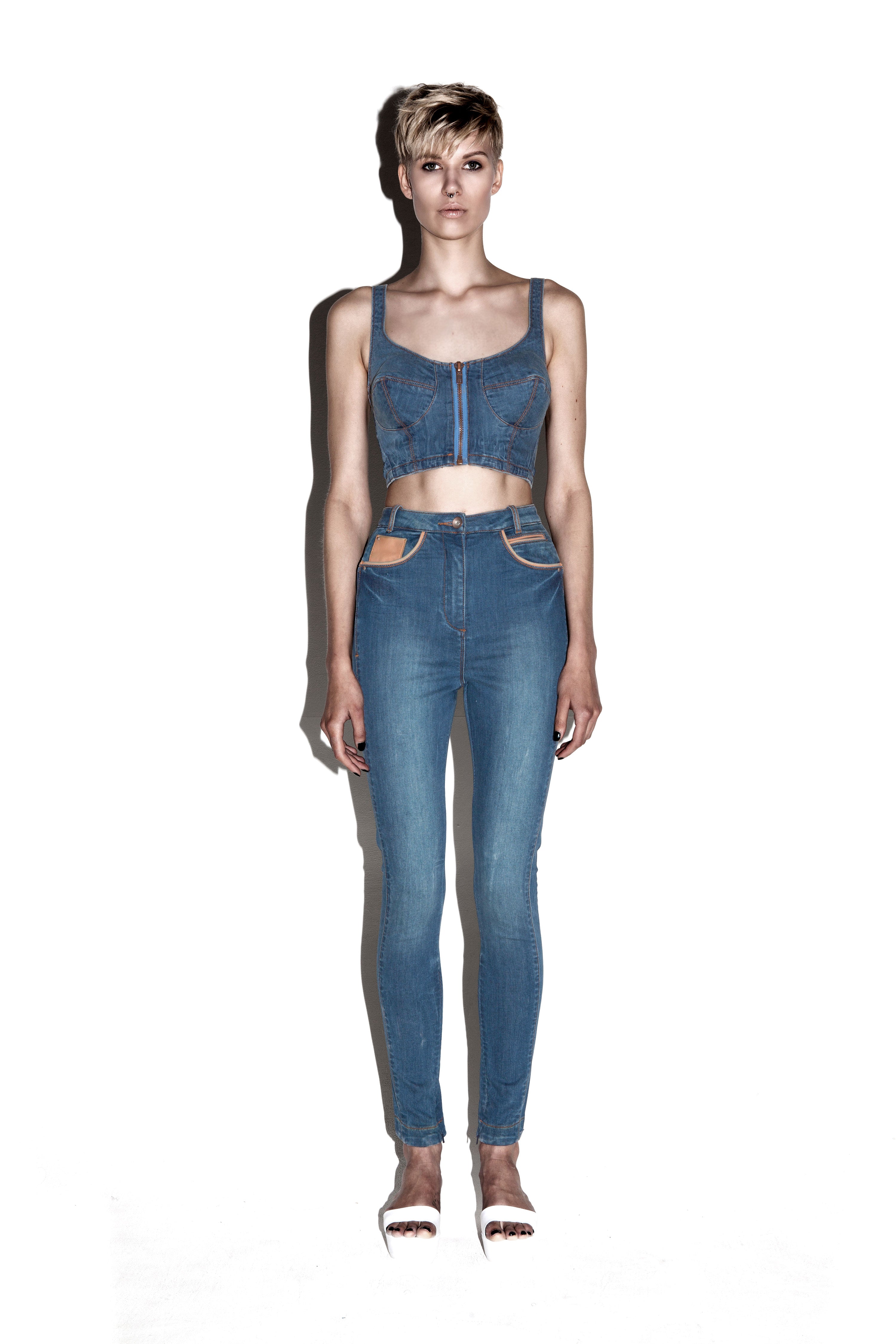 Denim and leather fitted  jean
