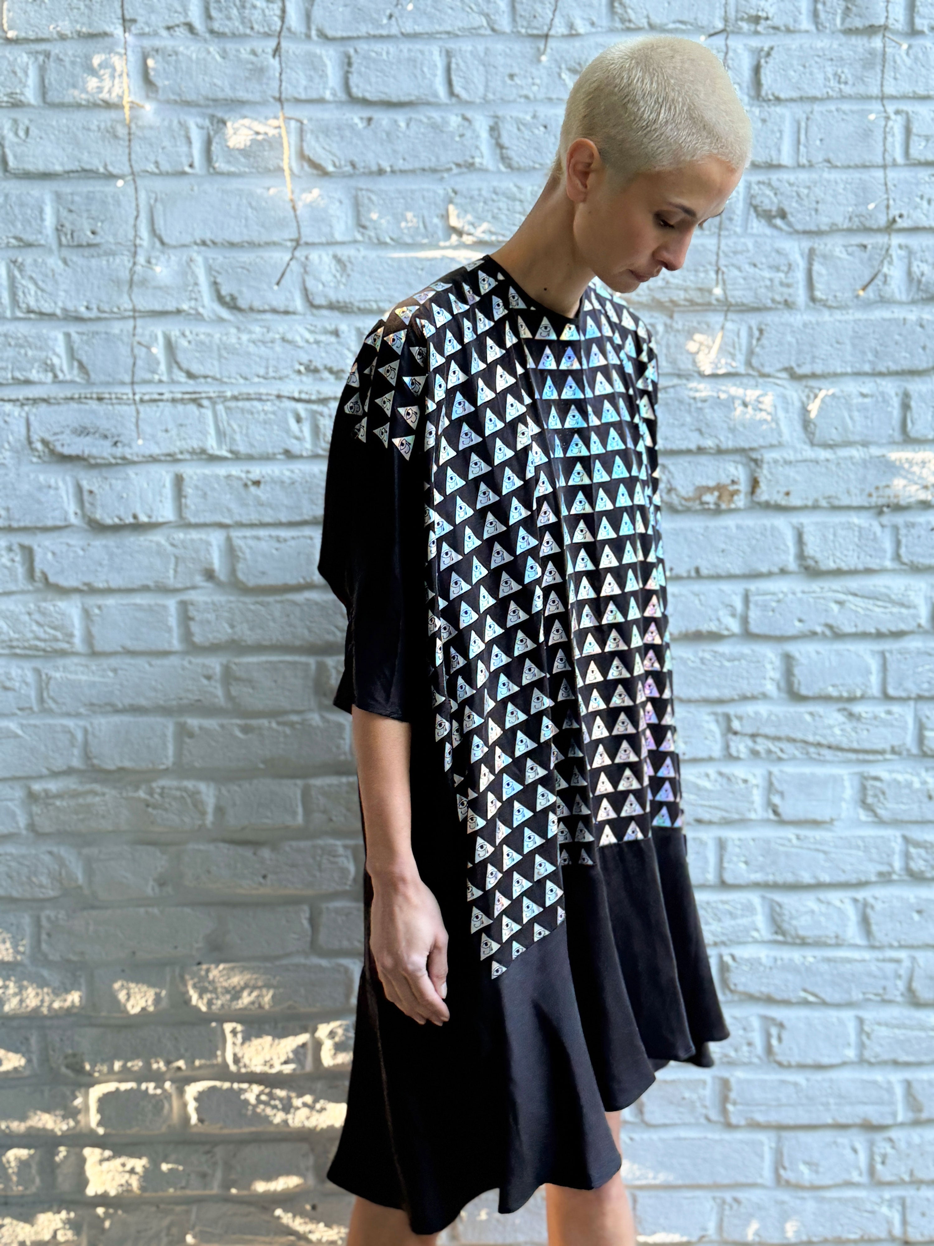 Holographic ankh print drop hem dress