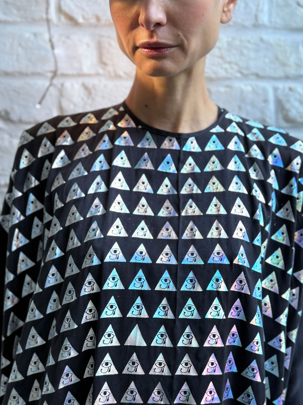 Holographic ankh print drop hem dress