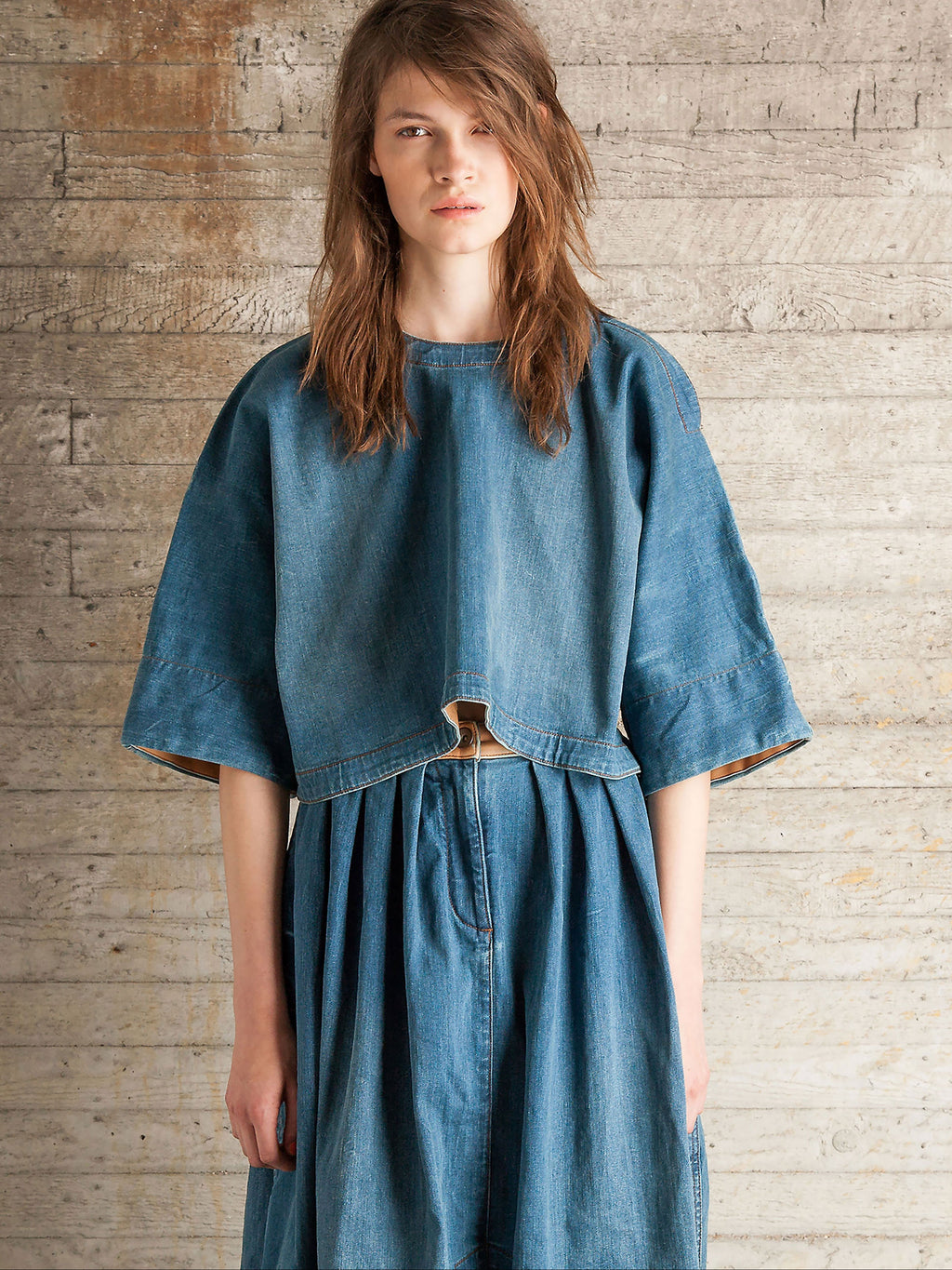 Denim split shoulder cropped T-shirt