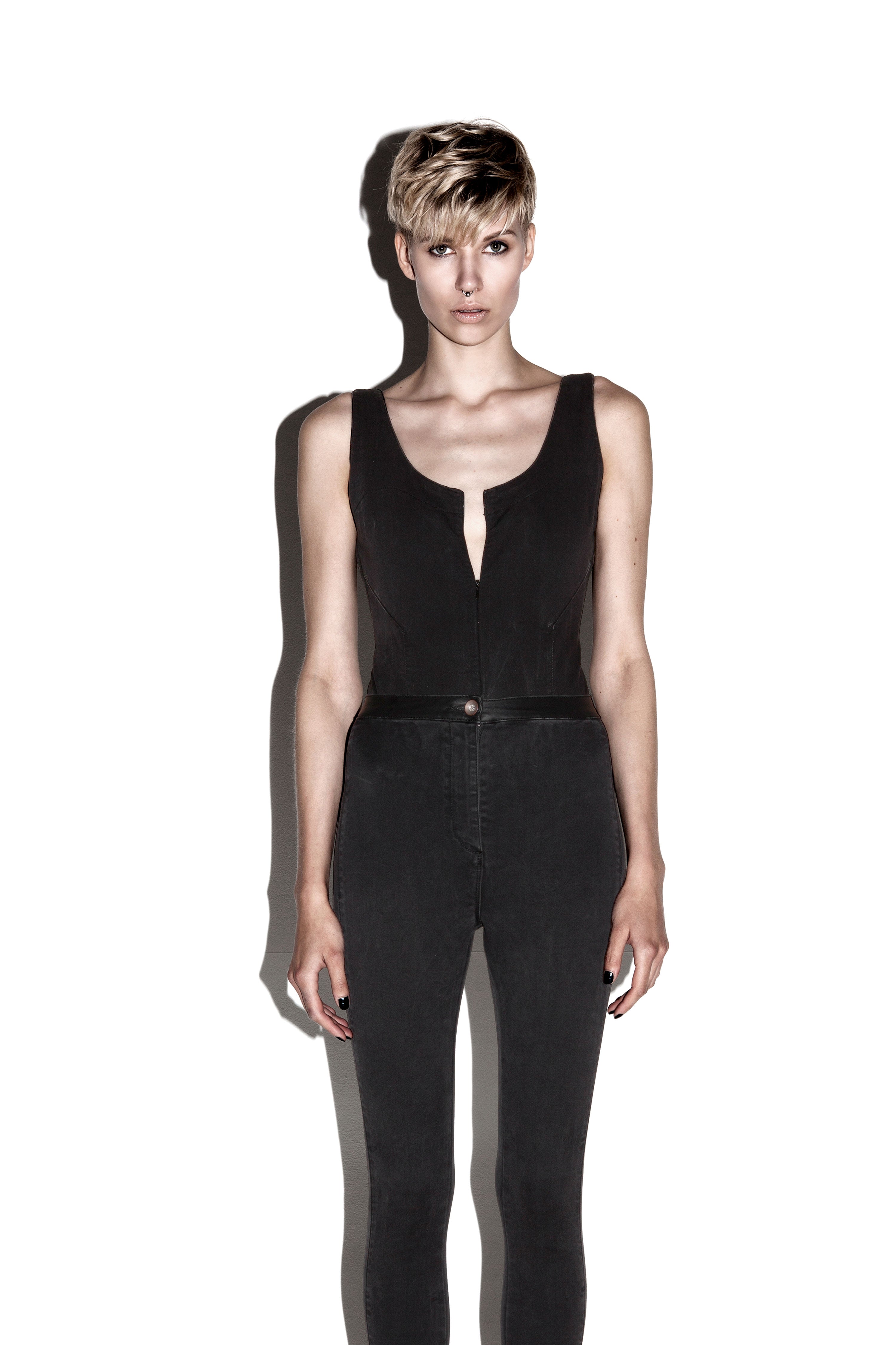 Denim washed zip through bodysuit