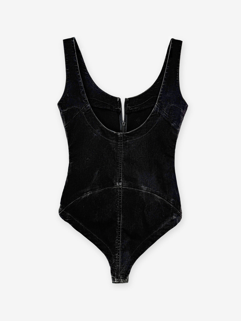 Denim washed zip through bodysuit
