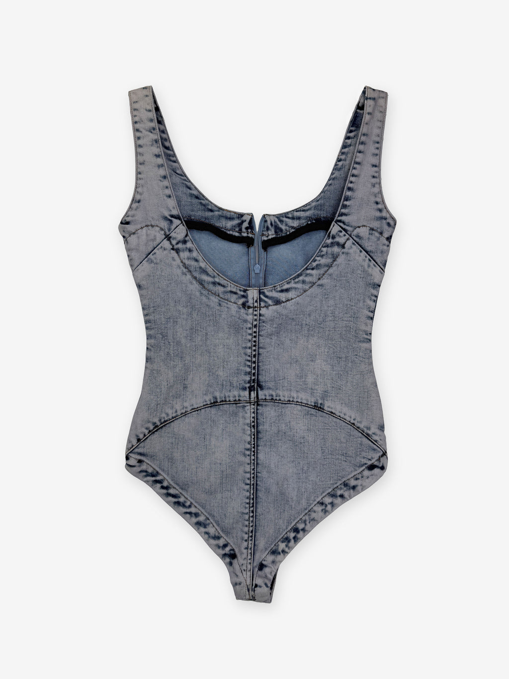 Denim washed zip through bodysuit