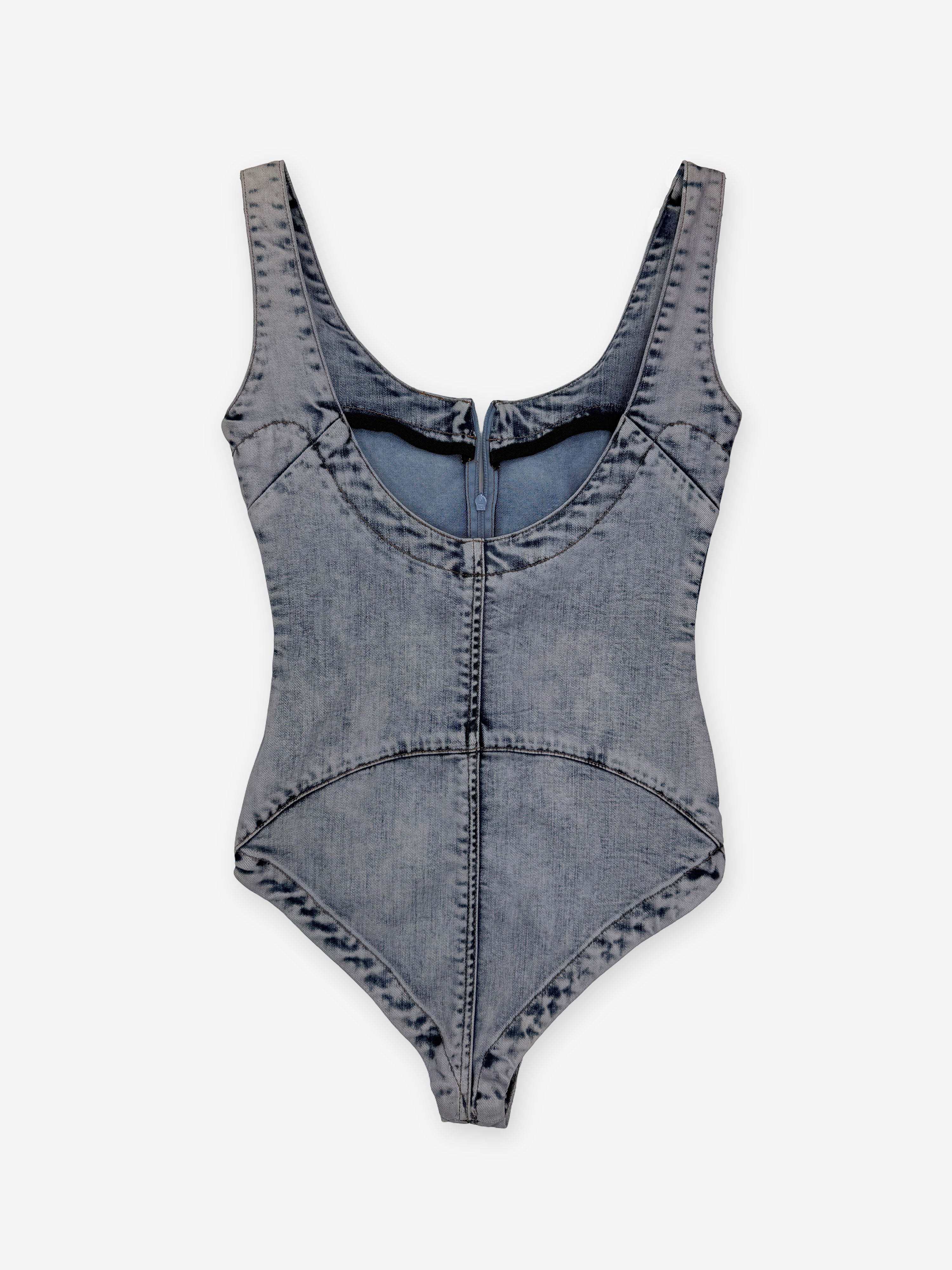 Denim washed zip through bodysuit