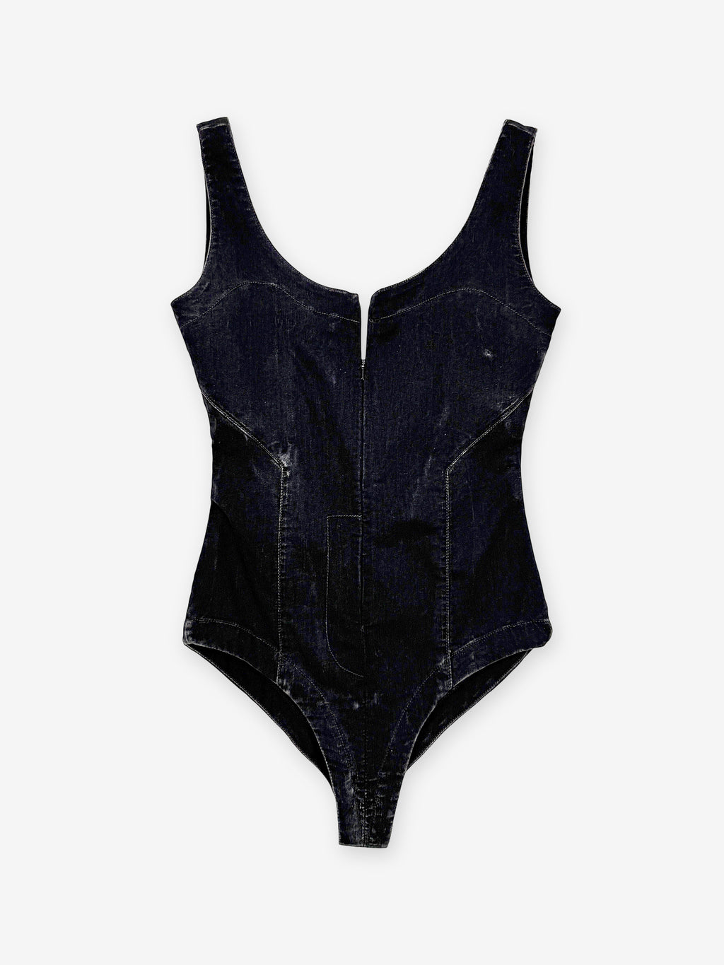 Denim washed zip through bodysuit
