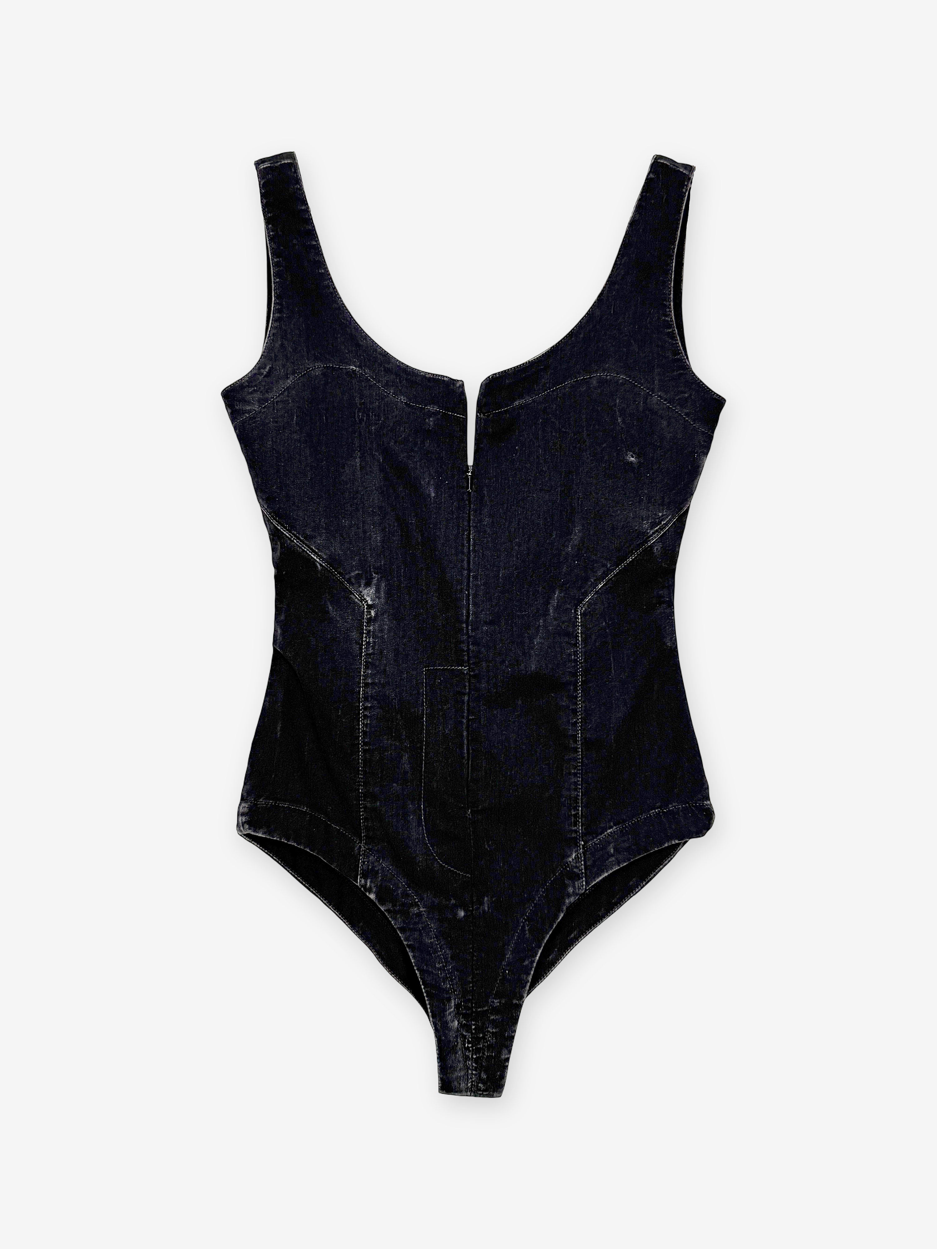 Denim washed zip through bodysuit