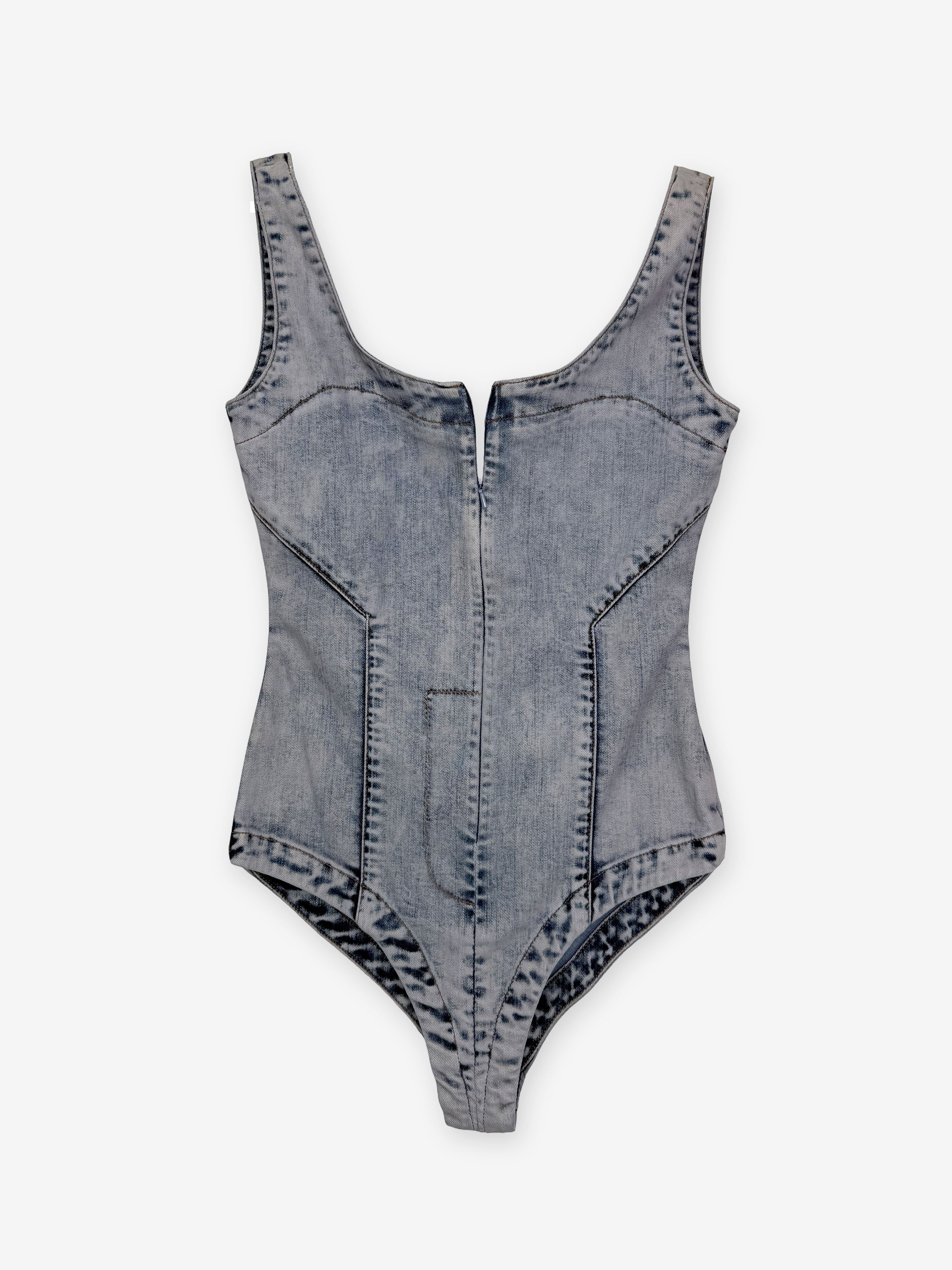 Denim washed zip through bodysuit