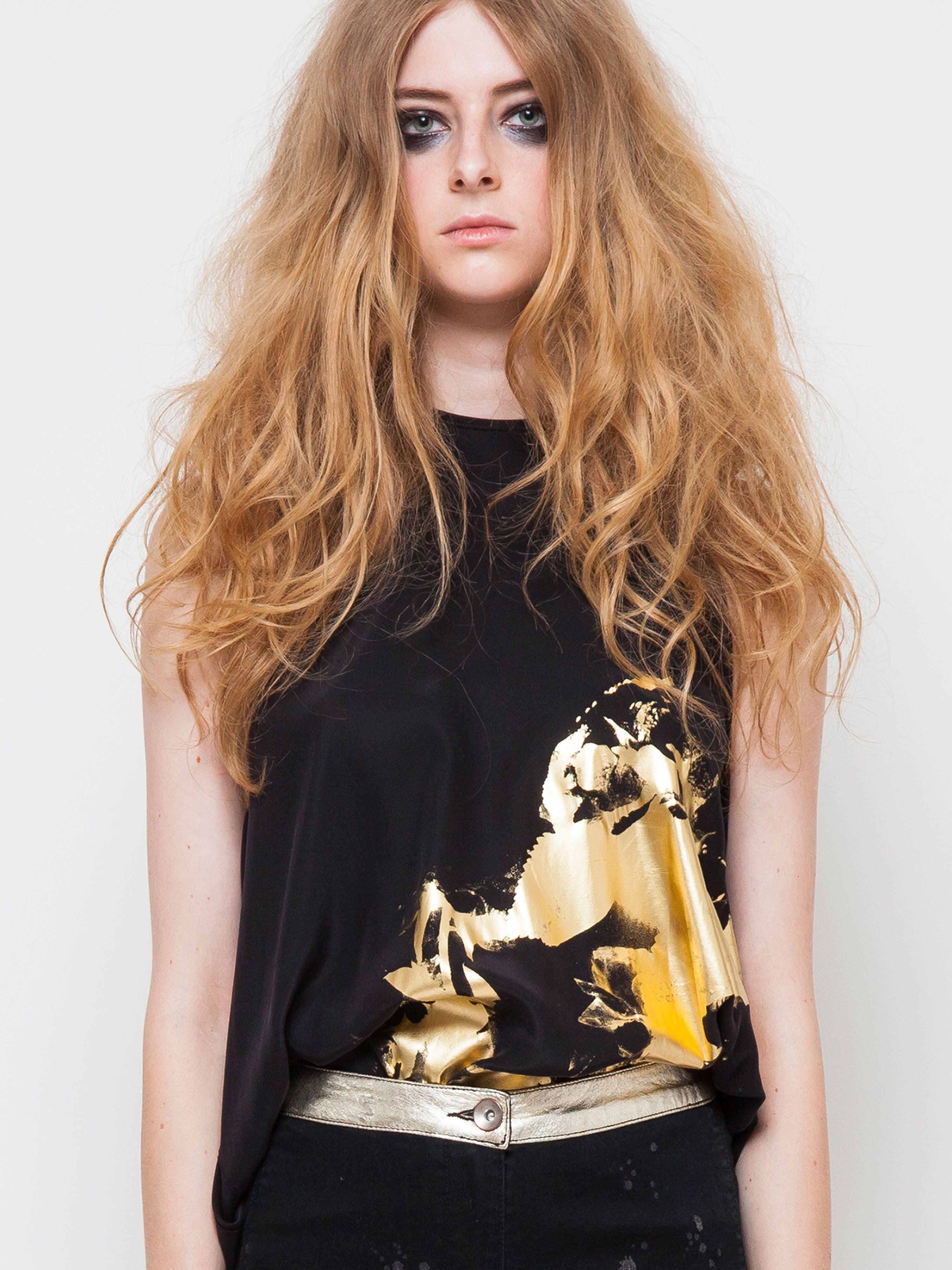 Stencil print silk long line vest