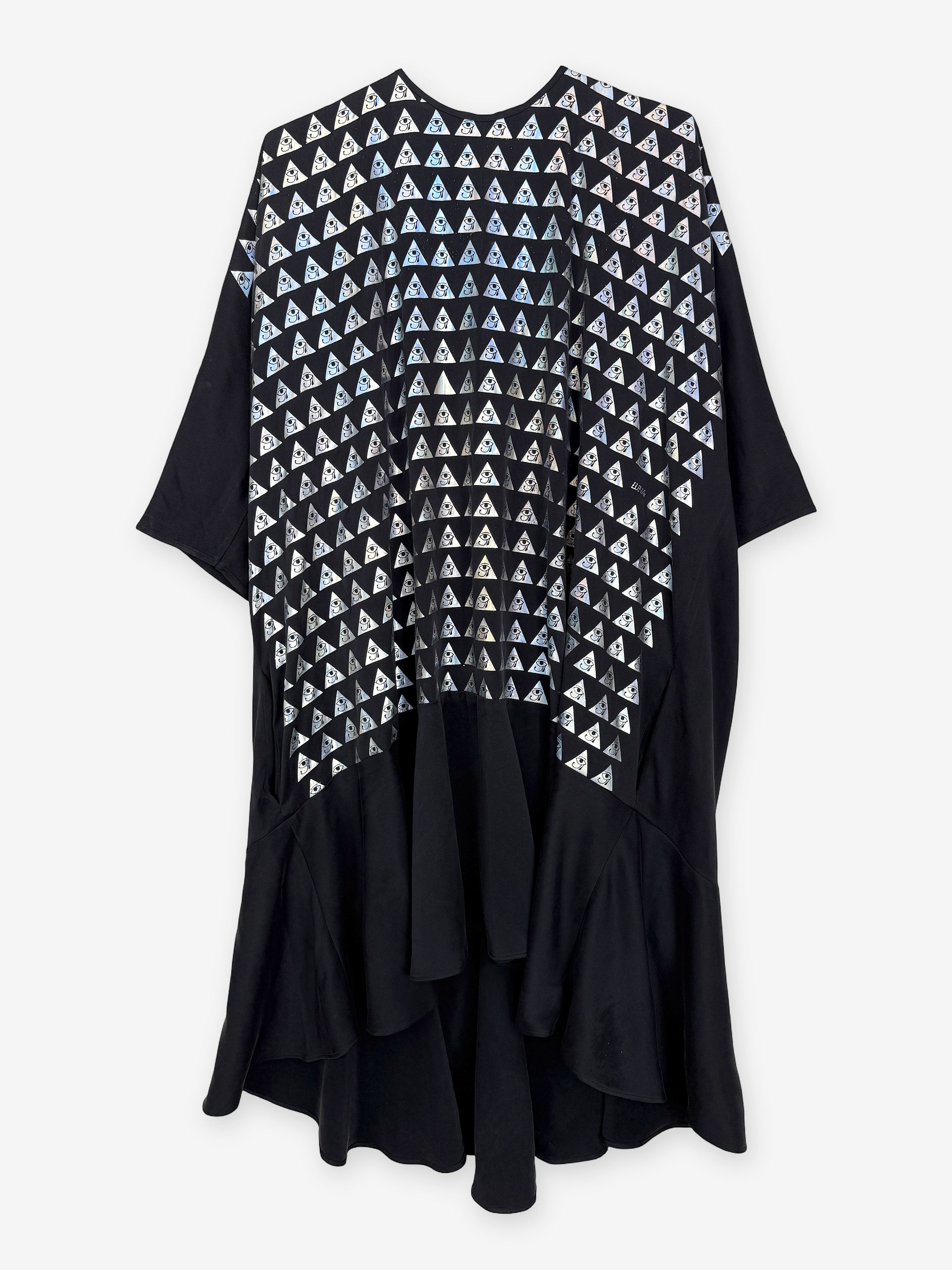 Holographic ankh print drop hem dress