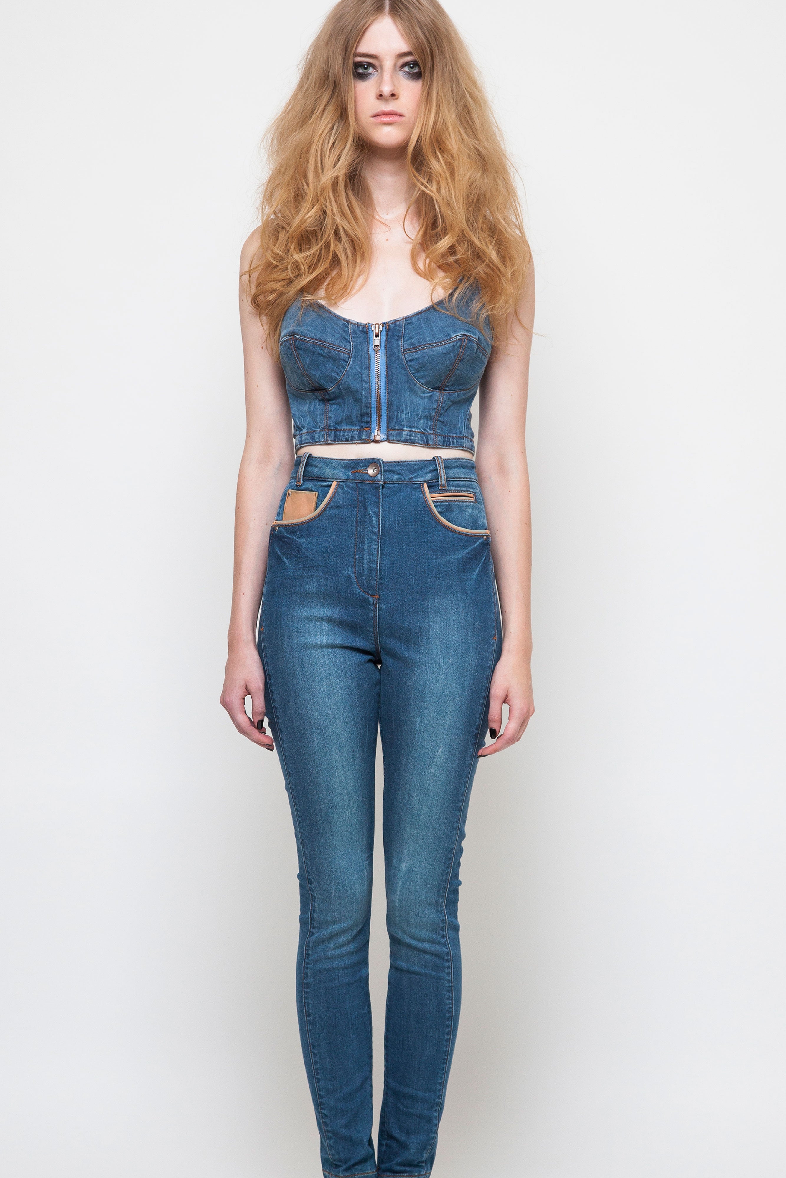 Denim and leather fitted  jean