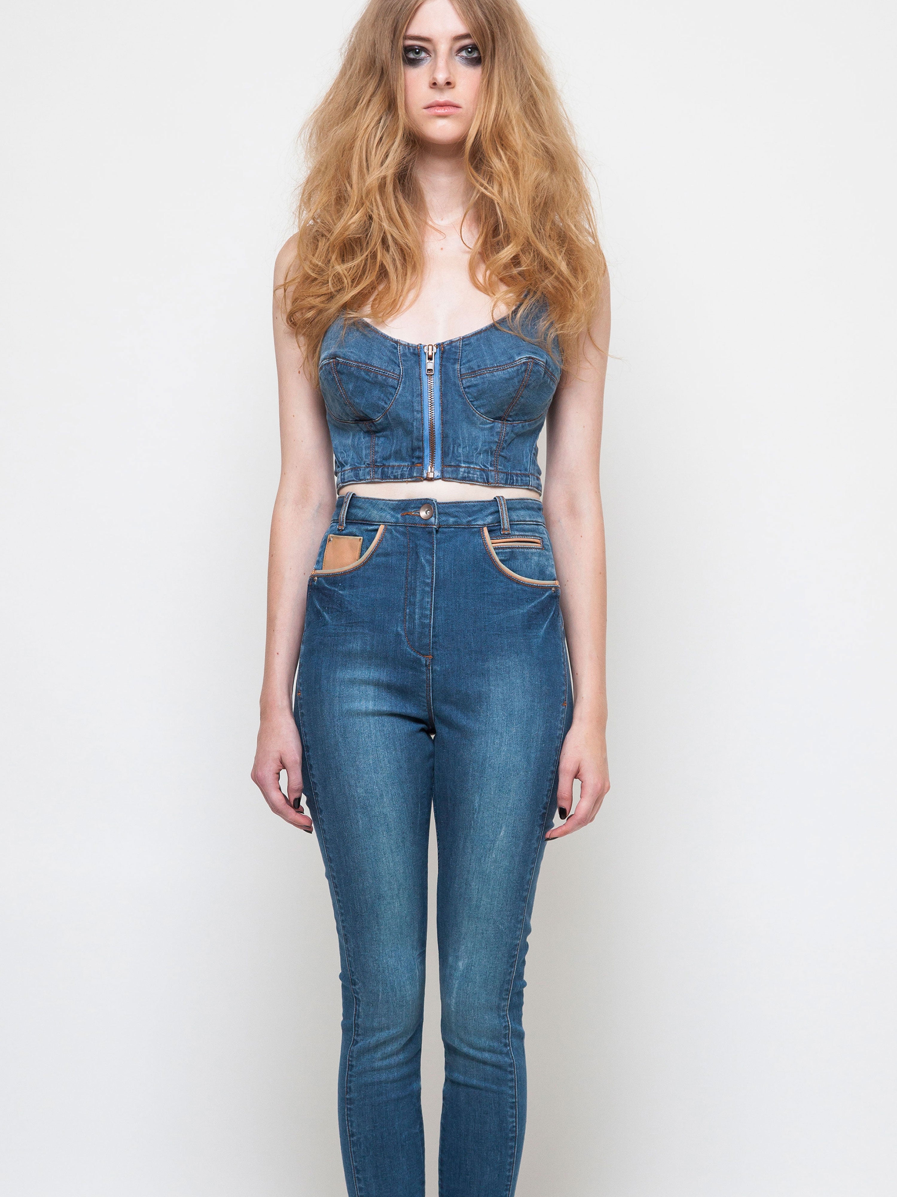 Denim and leather fitted  jean