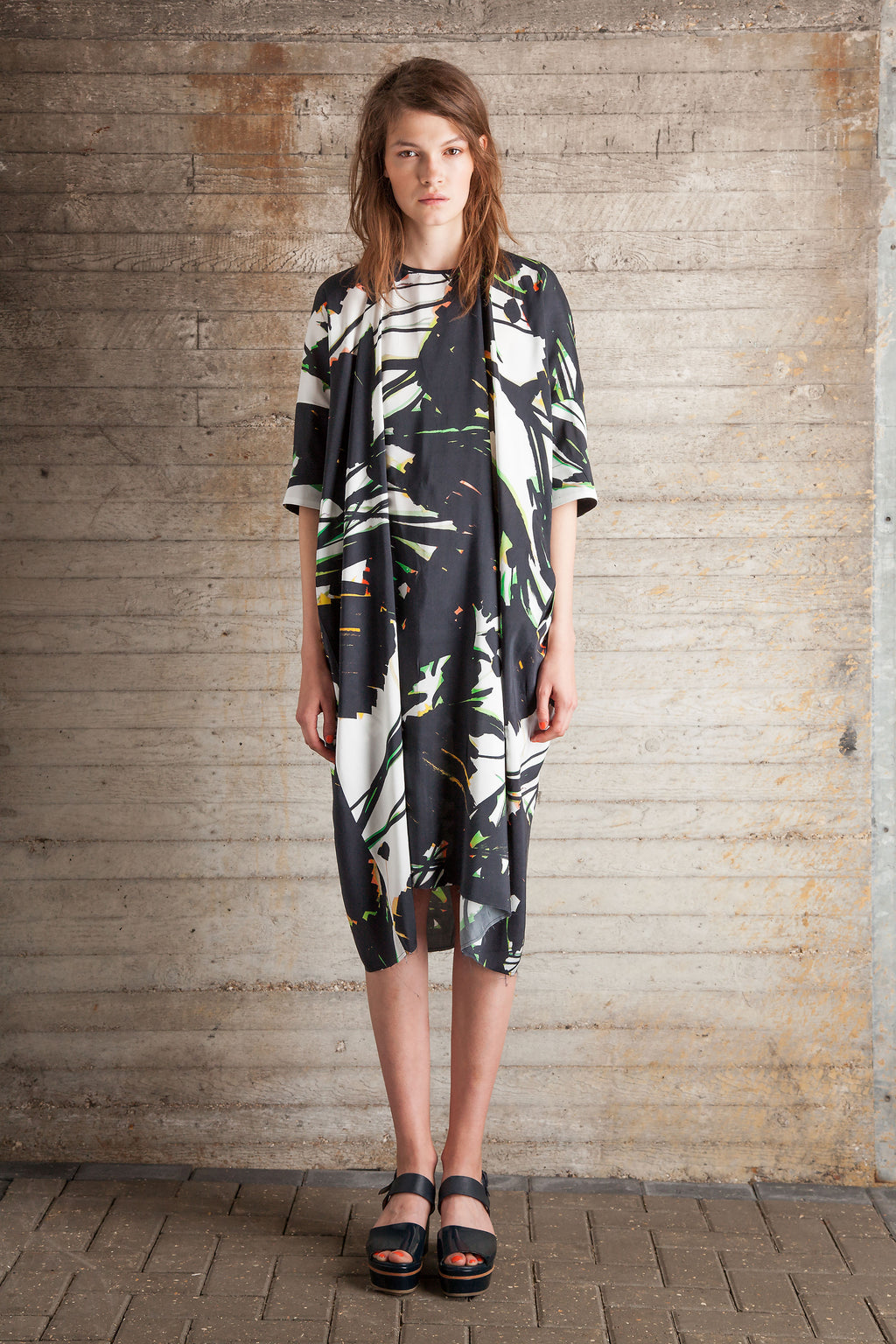 Marker pen floral silk drop back midi dress