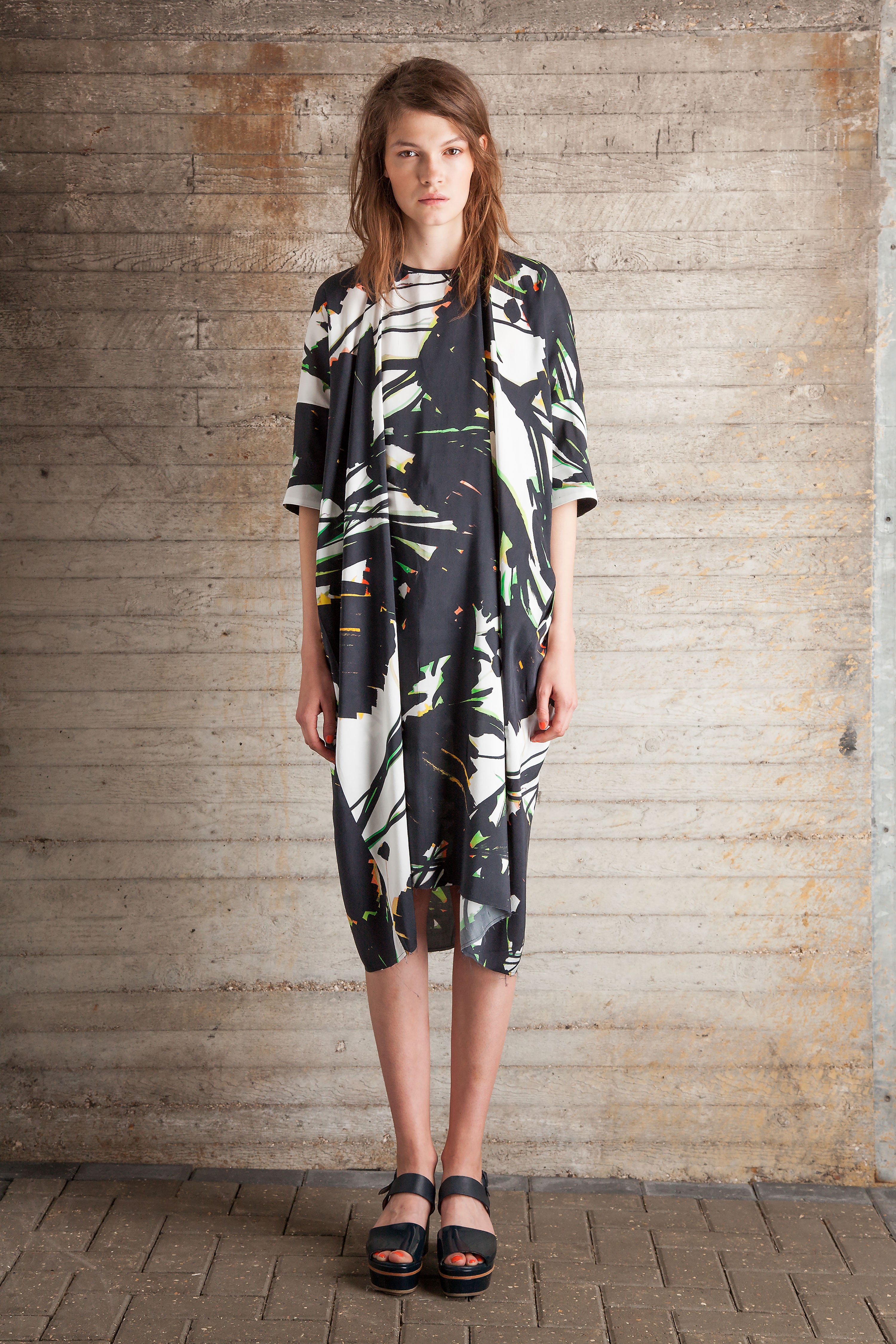 Marker pen floral silk drop back midi dress