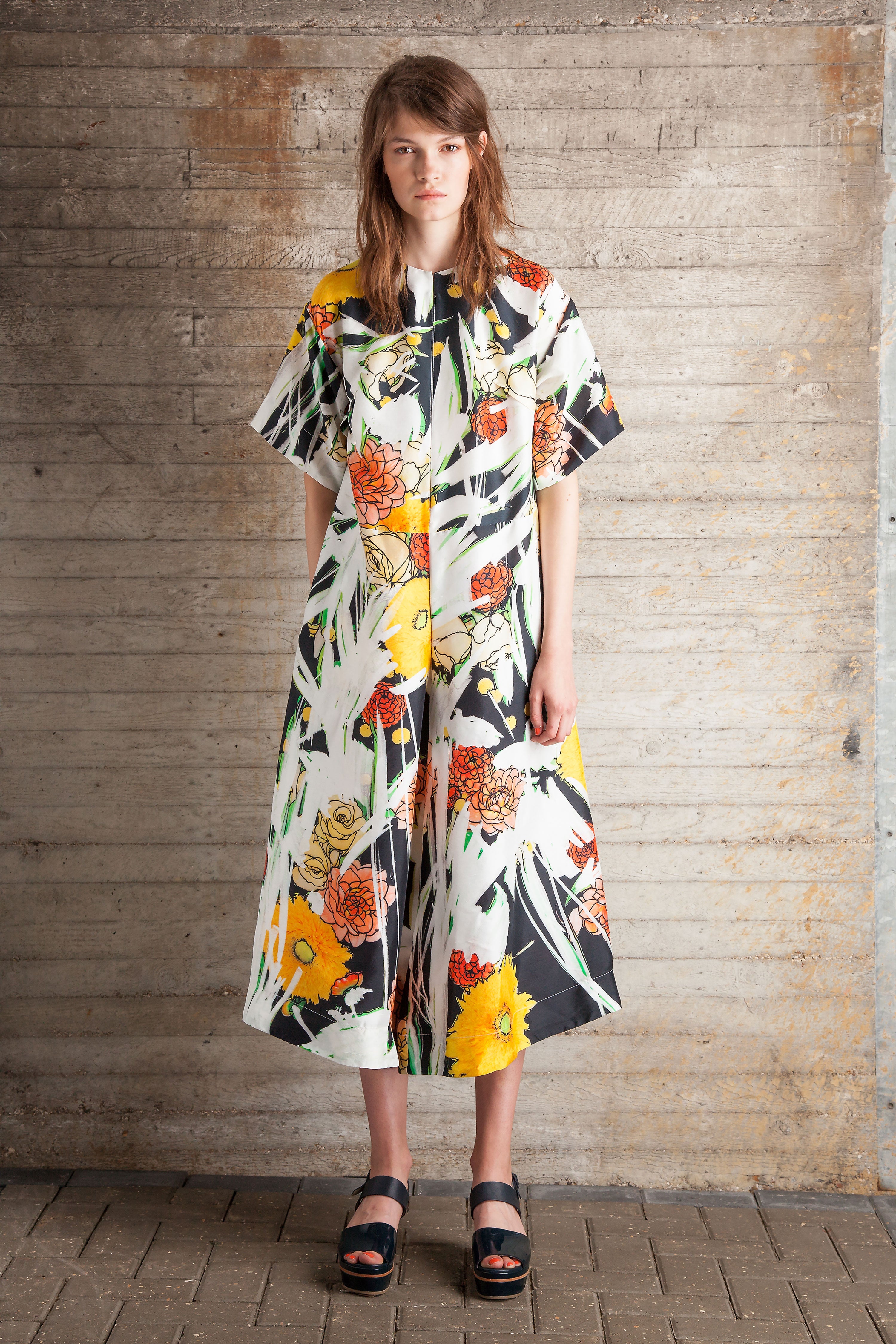 Silk marker pen flower print jumpsuit