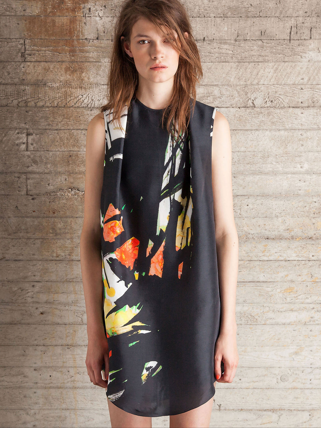 Silk marker pen flower print mini dress