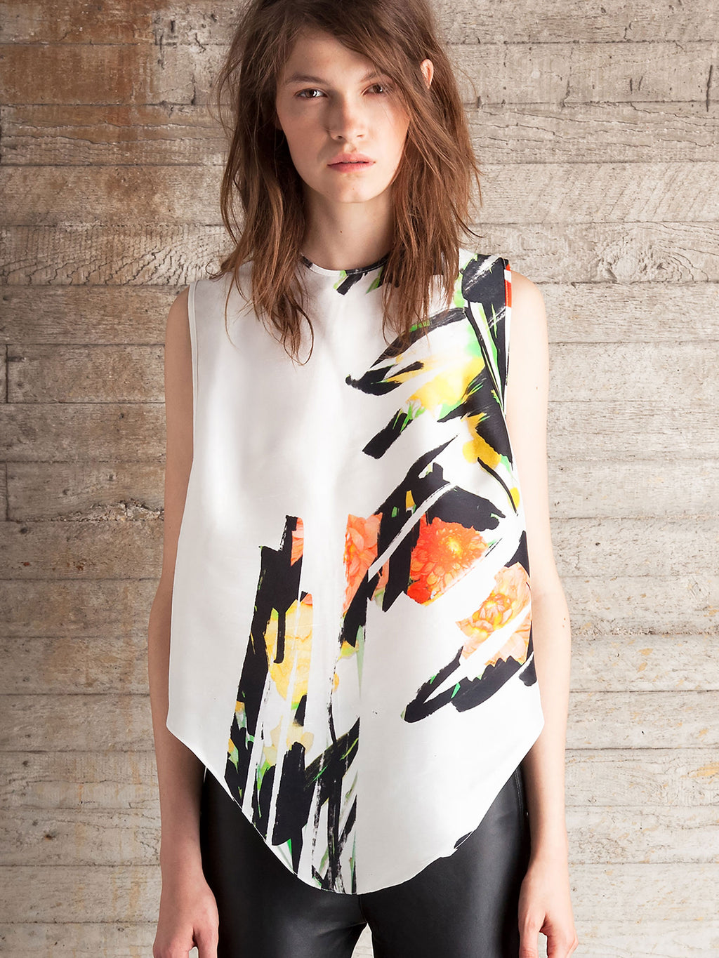 Silk marker pen flower print sleeveless top