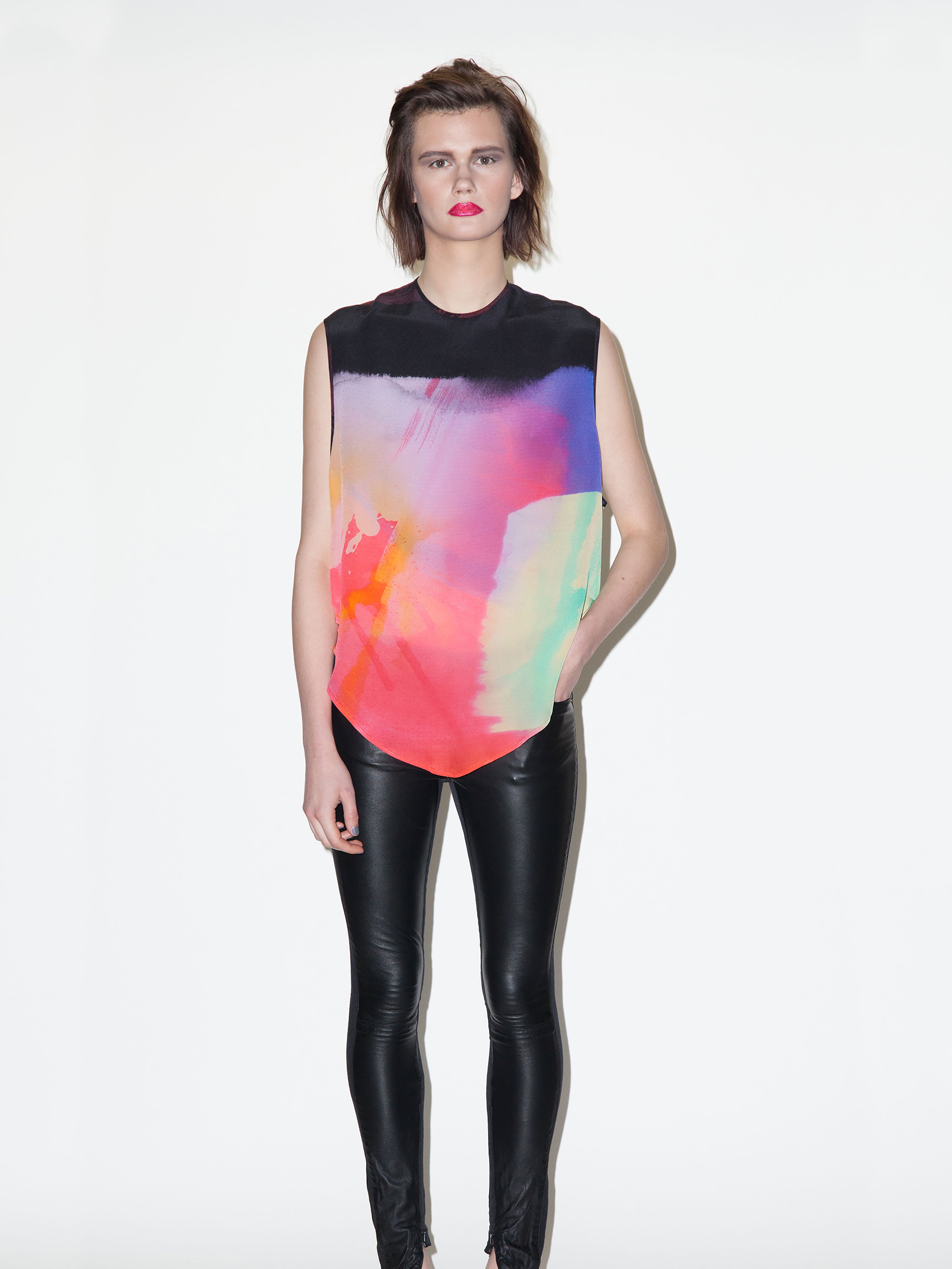 Rainbow print silk vest