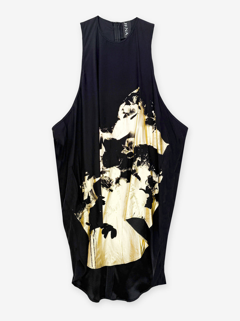 Stencil print silk long line vest